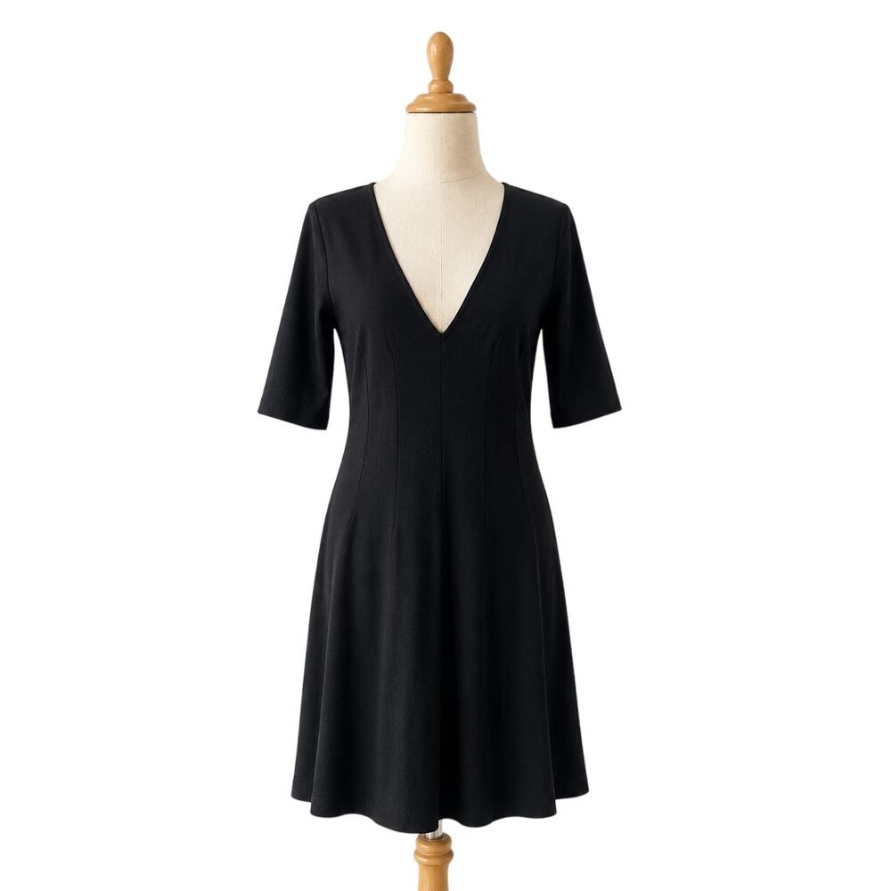 Eileen Fisher Black V Neck Dress Medium Stretch Knit 3/4 Sleeve Midi USA LBD